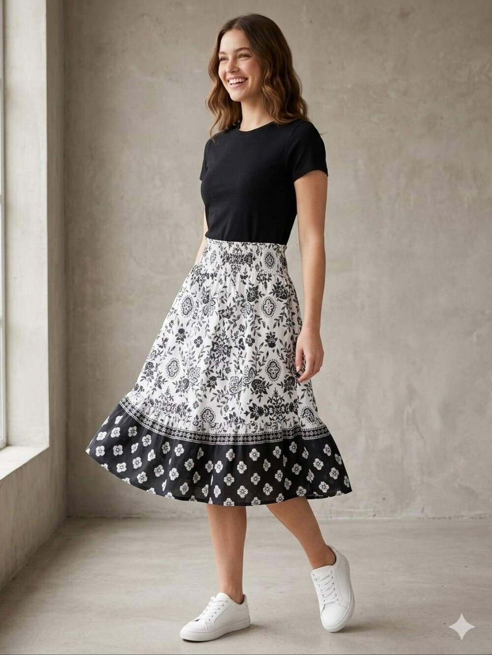Tracy Evans Limited Black & White Floral Bandana Print Cotton A-Line Skirt #062